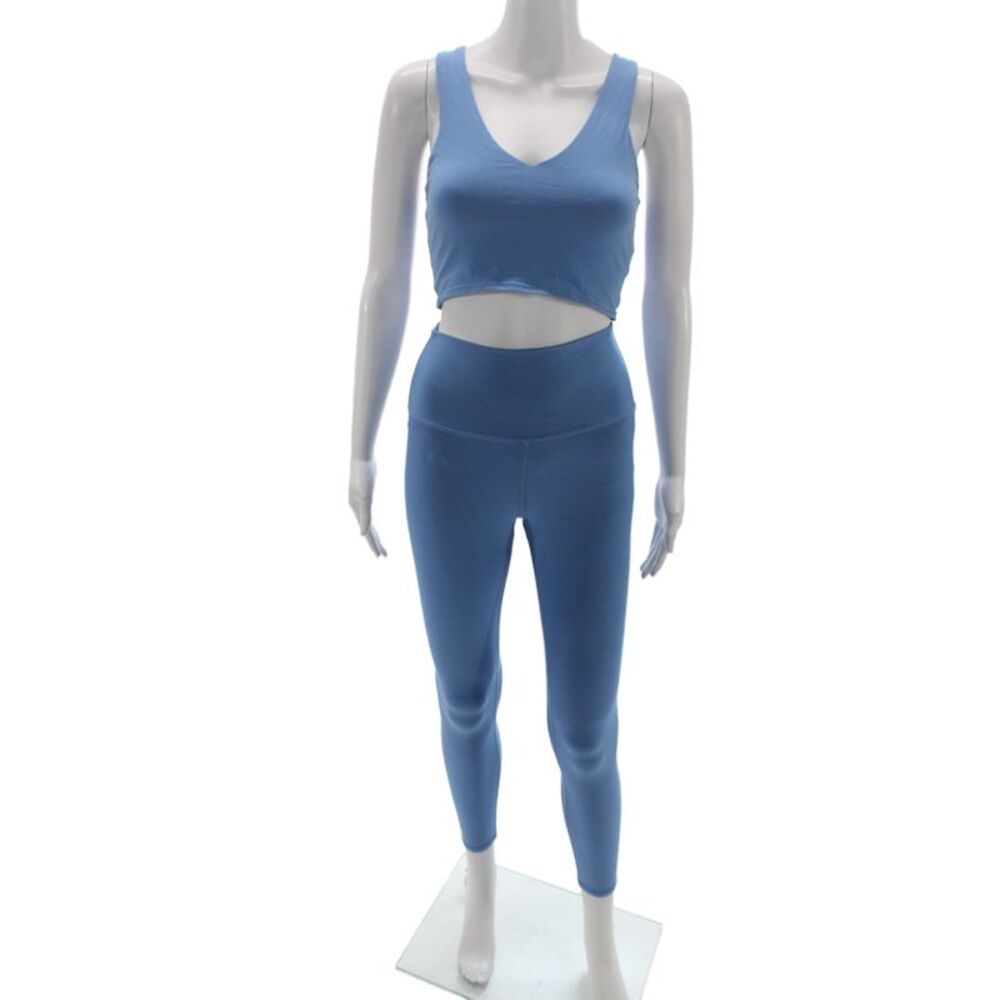Alo Womens Blue V-Neck Sleeveless Athleisure Pants Outfit Set 92% Nylon Size S